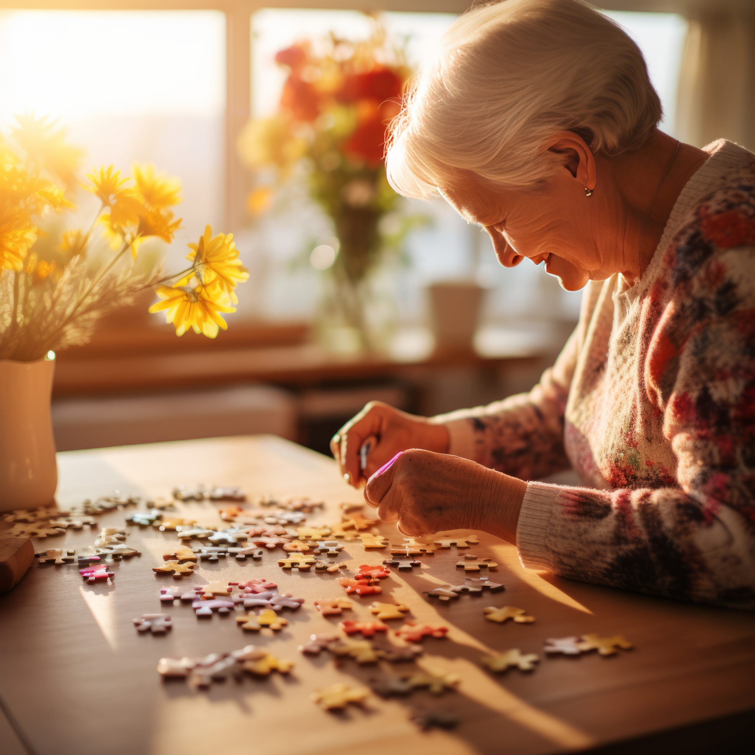 Elderly woman solving puzzle - AI generated